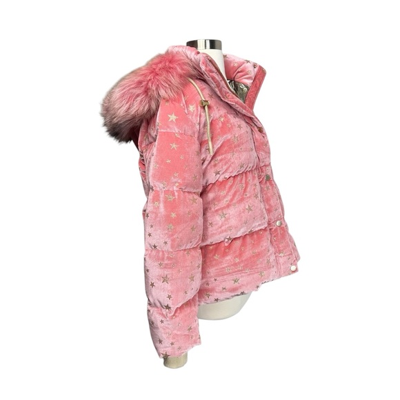 JOCELYN Eye Candy Velvet Puffer Coat | Fox Fur Gold Stars Medium Barbie Pink - Picture 8 of 15